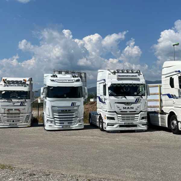 Quatre tracteurs Transports Brun alignés sous un ciel bleu