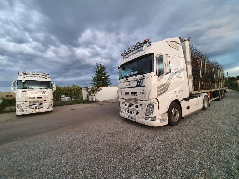 Tracteur Volvo FH et semi-remorque chargée de caisses grillagées, un second camion en arrière-plan